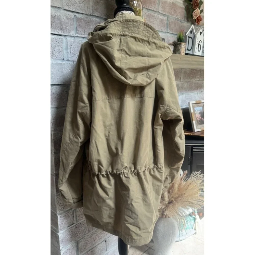 VTG Eddie Bauer Safari Jacket Men's L Tan Drawstring Mock Collar Mid‑Length Coat